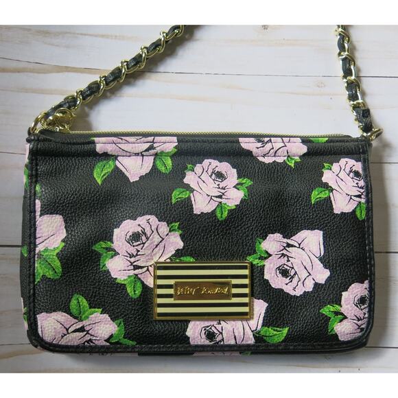 BETSEY JOHNSON Mini Cross Body Purse Wallet Bag Black/Roses Chain Strap - Picture 4 of 12